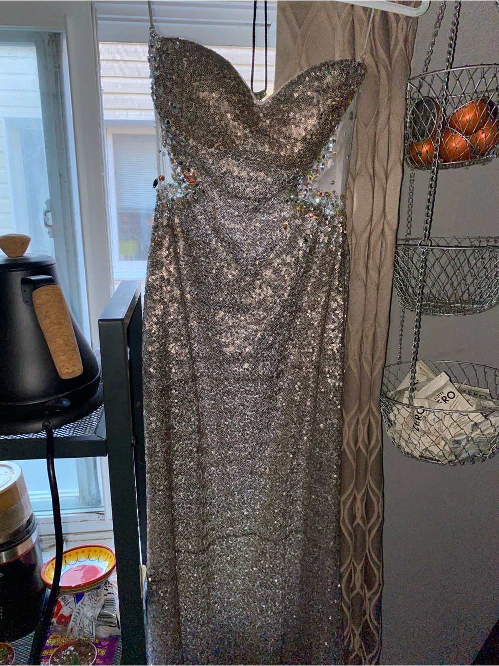 le chateau Silver Sequin Strapless Gown with Jeweled Accents